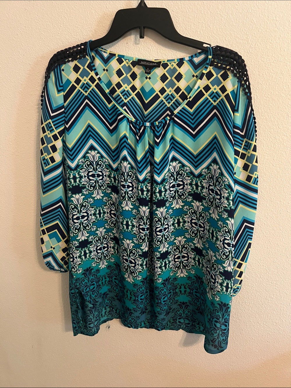 Notations Teal Blue Geometric & Floral Tunic with Crochet Shoulders